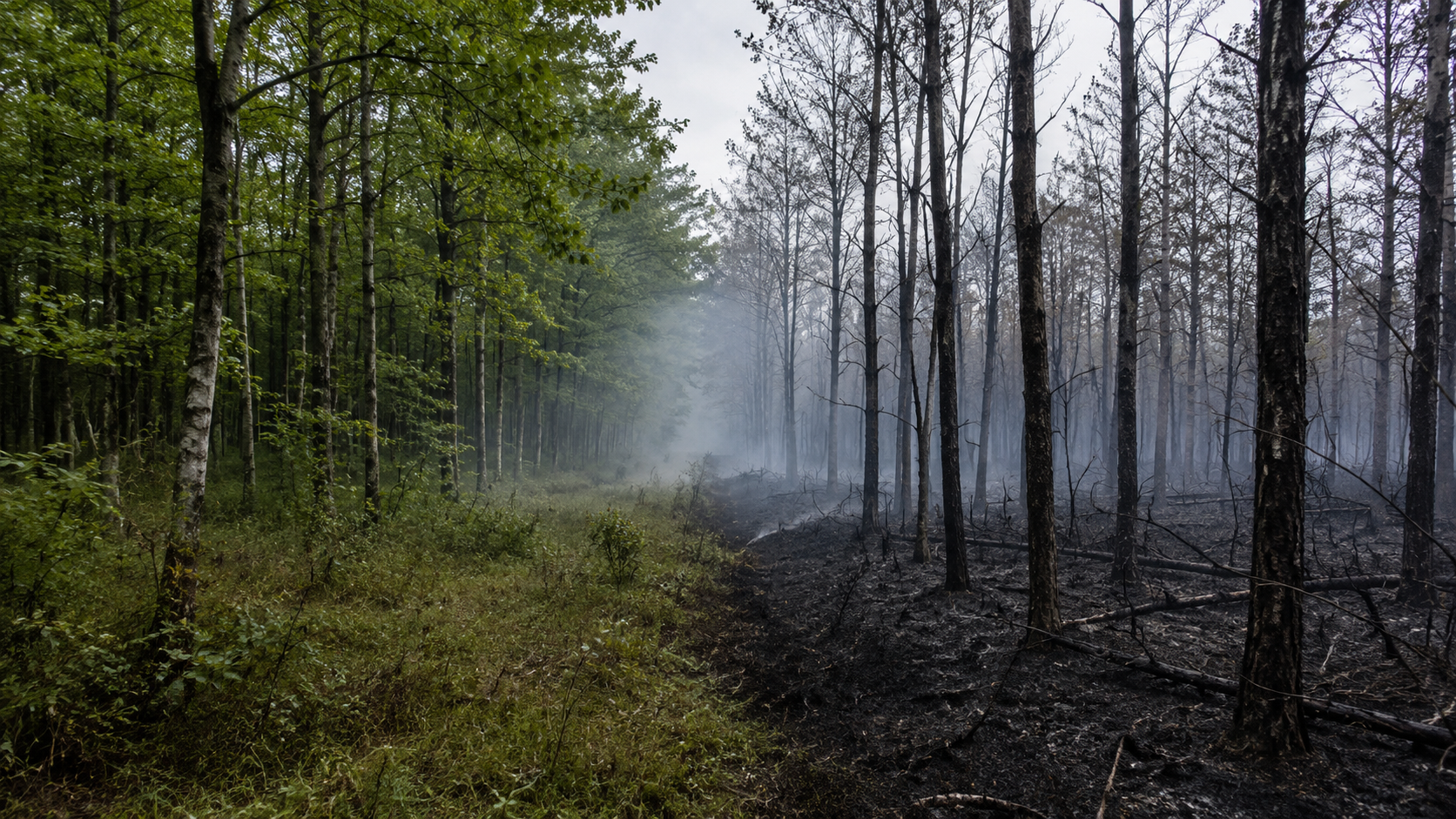 Lisiere d'une foret de feuillus brulee, troncs calcines cotoyant des arbres encore verts
