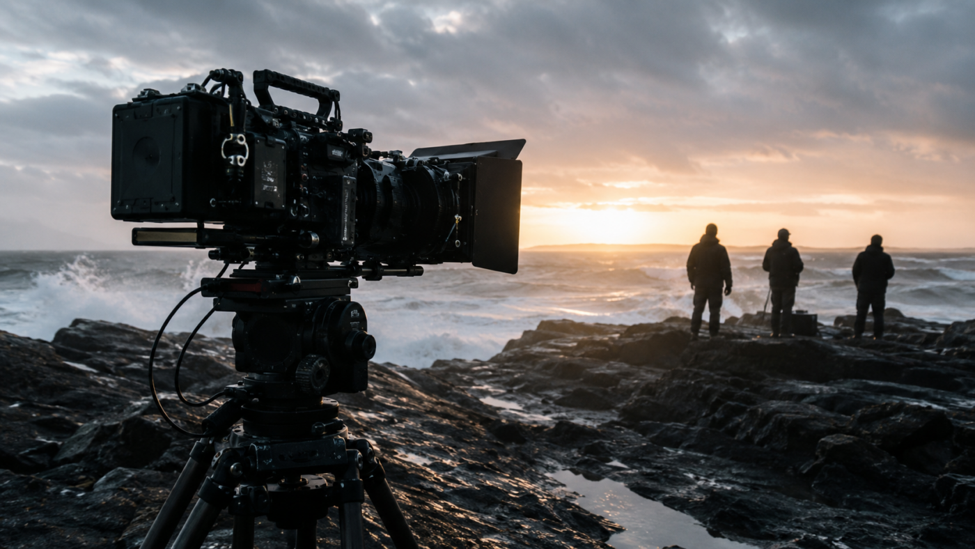 Une très grande caméra de cinéma sur trépied face à la mer, sur une côte rocheuse battue par le vent à l'aube