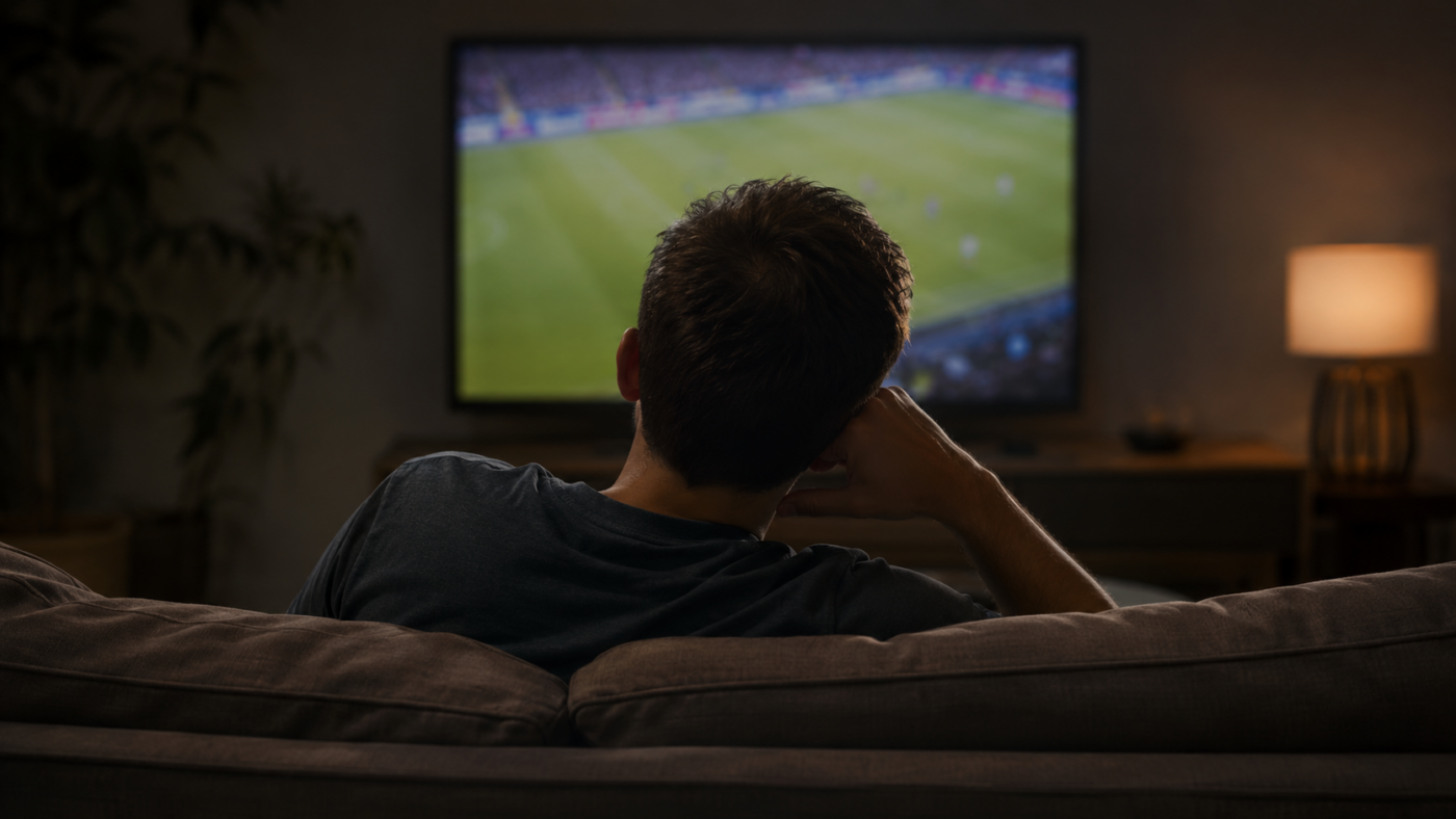 Une personne vue de dos sur un canapé, regardant seule un match de football à la télévision dans le noir