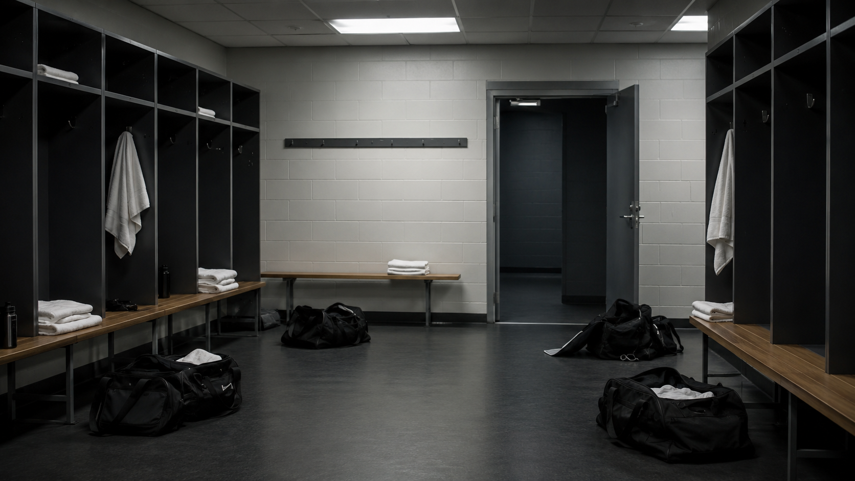 Un vestiaire vide après un match, sacs ouverts et banc avec des serviettes pliées
