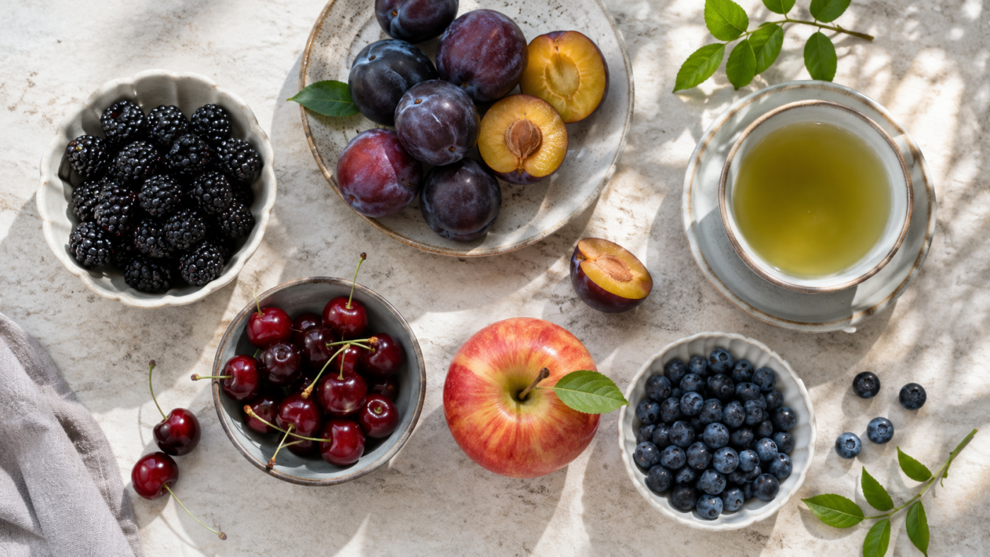 Mûres, prunes, cerises, pomme, myrtilles et une tasse de thé vert sur une table claire
