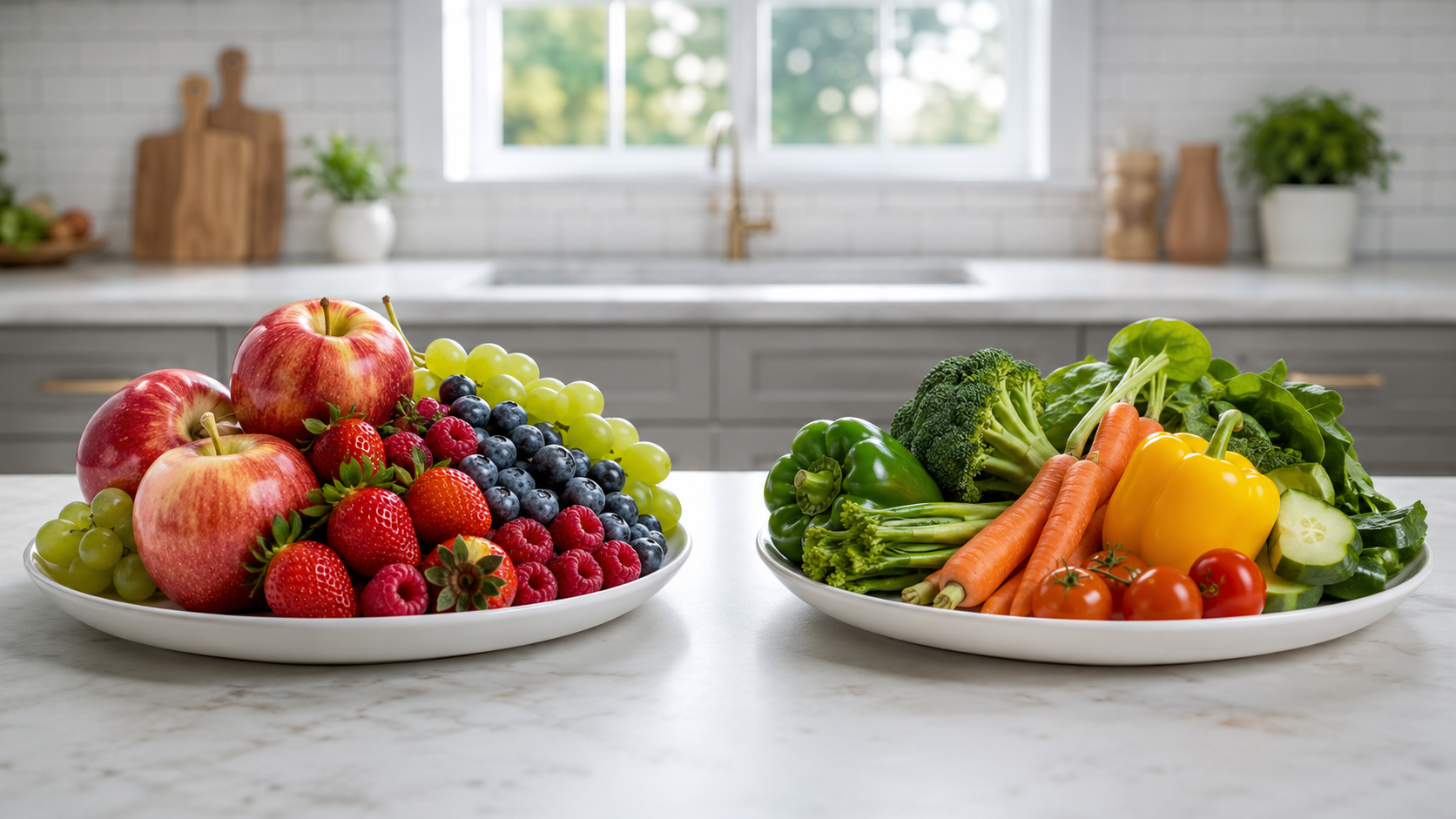 Deux assiettes de fruits et légumes côte à côte sur un plan de travail