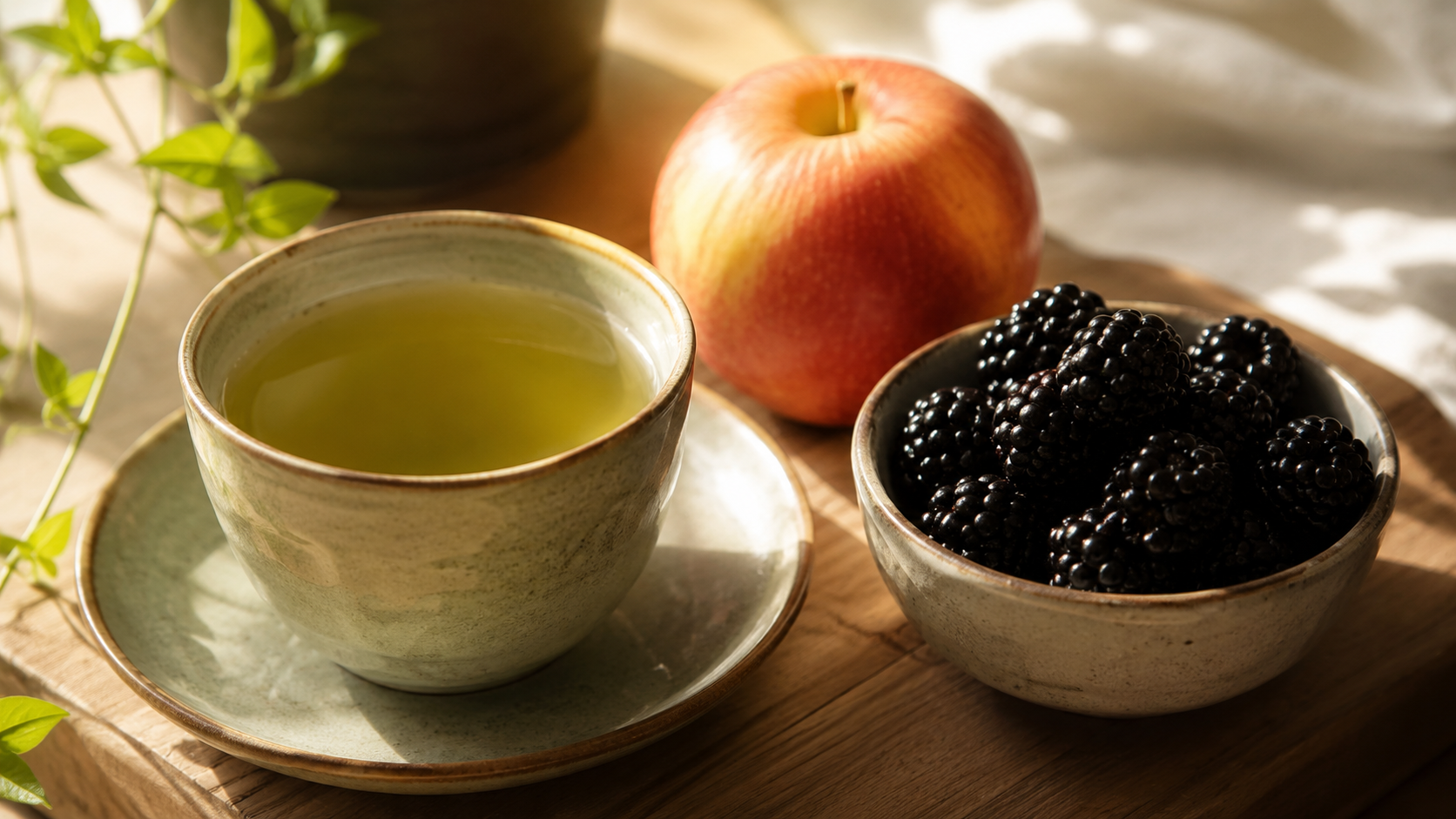 Une tasse de thé vert, une pomme et un bol de mûres sur une table en bois