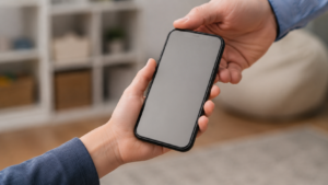 Un smartphone générique tenu dans une main, écran neutre sans interface visible