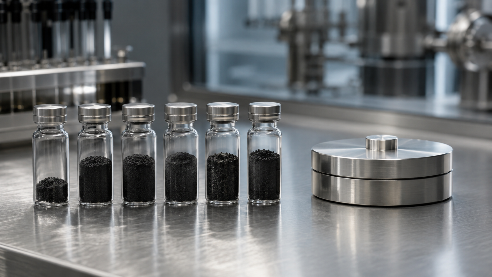 Paillasse de laboratoire en acier brossé avec une rangée de flacons de verre et un porte-échantillon métallique fermé