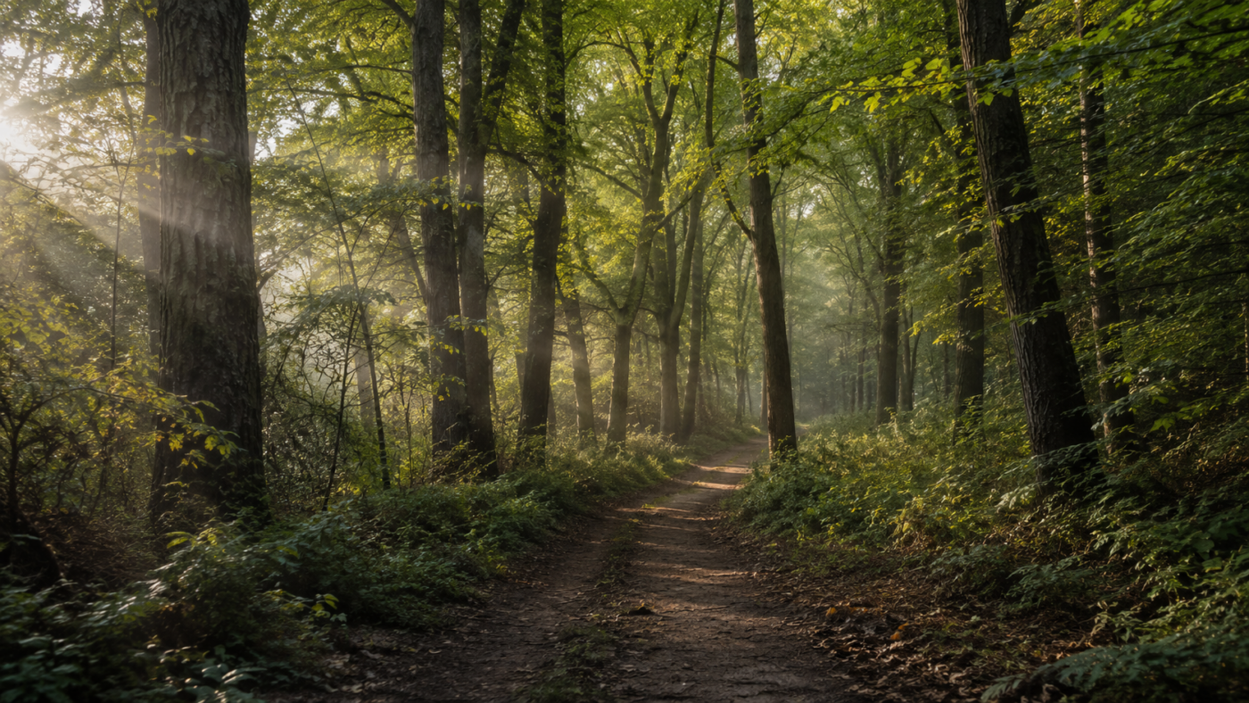 Sentier de terre vide s'enfonçant dans un sous-bois de châtaigniers en lumière du matin