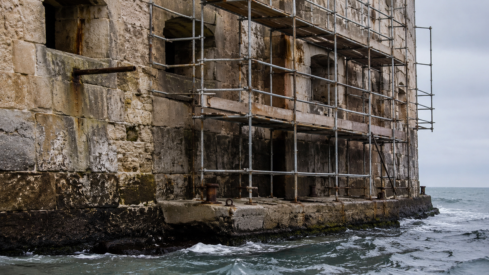 Remparts de pierre d'un fort maritime en cours de restauration, avec échafaudage