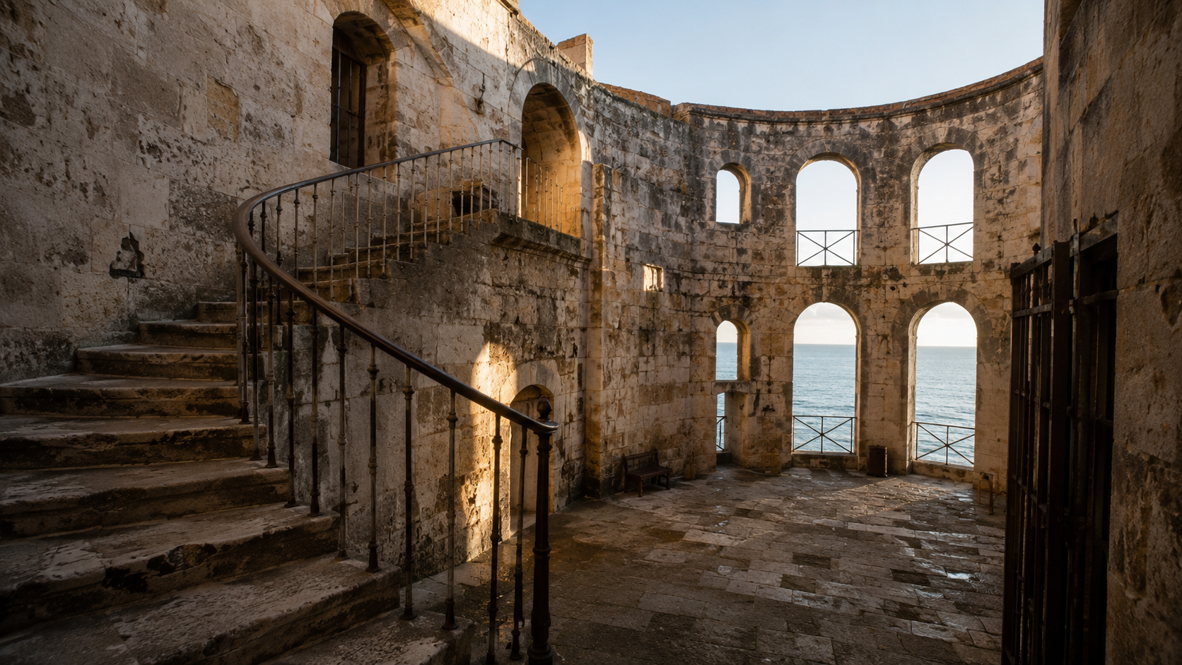Escalier de pierre et cour intérieure d'un vieux fort marin au lever du jour