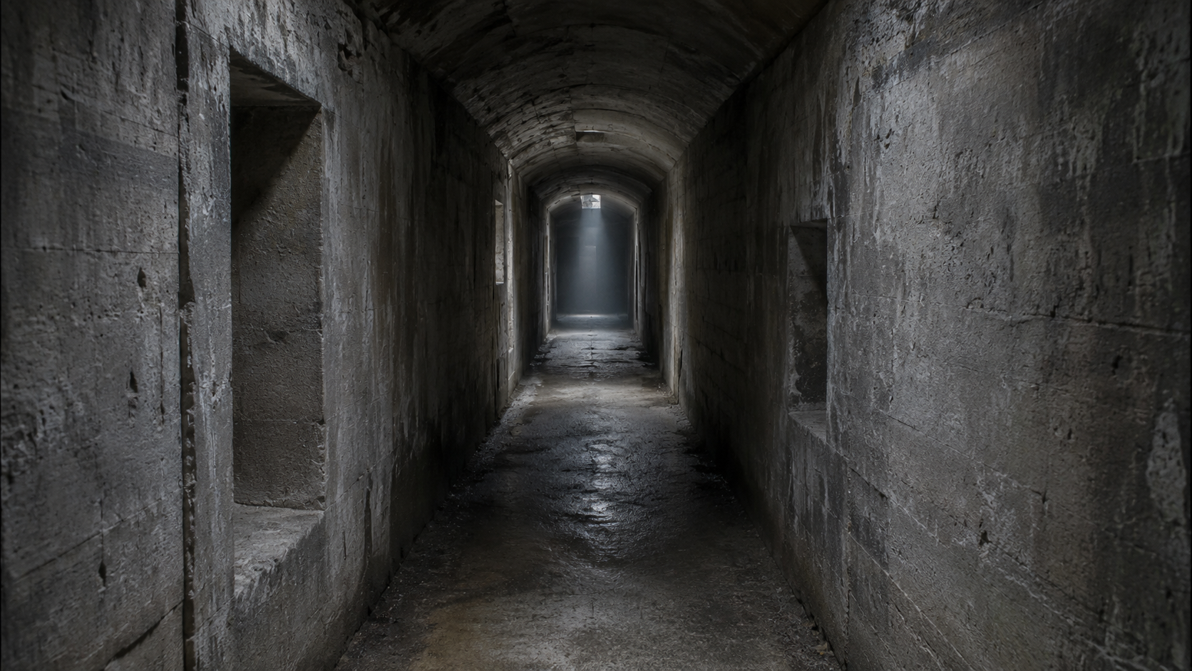 Galerie souterraine en beton d'un vieux fort militaire, couloir etroit avec un rai de lumiere au fond