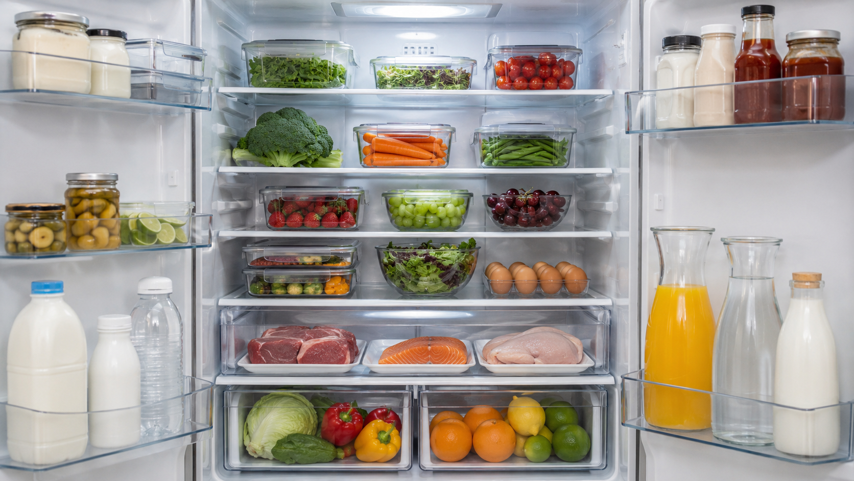 Refrigerateur ouvert avec des aliments frais bien ranges