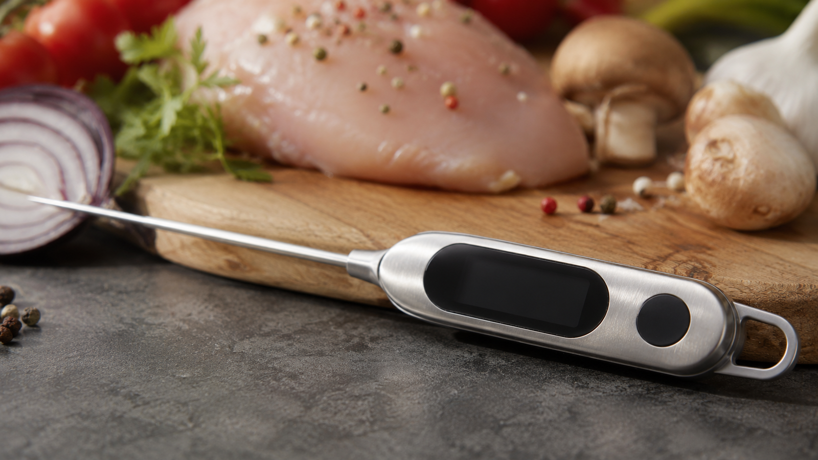 Thermometre de cuisine pose pres d'aliments frais