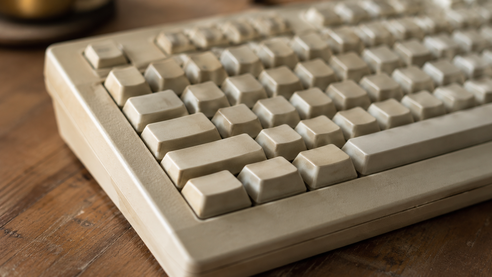 Gros plan sur un clavier mécanique beige des années 2000 sur un bureau en bois