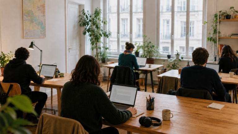 Un bureau associatif lyonnais avec quelques ordinateurs portables affichant des interfaces libres