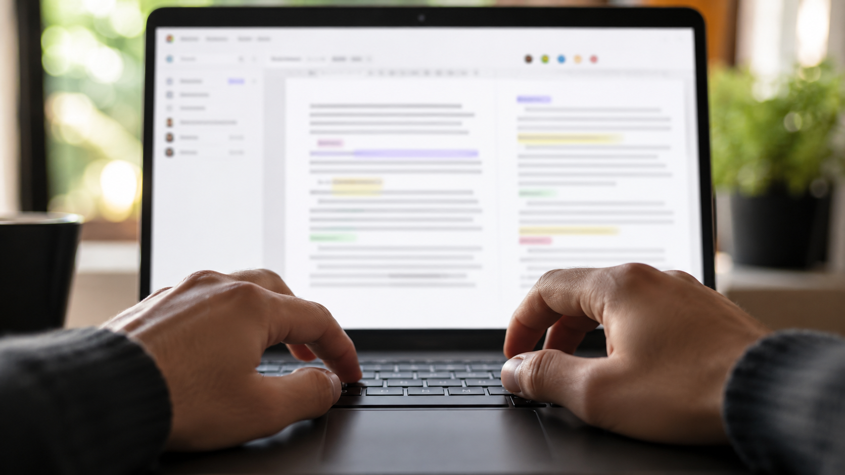 Des mains anonymes tapent sur un clavier devant un pad collaboratif générique