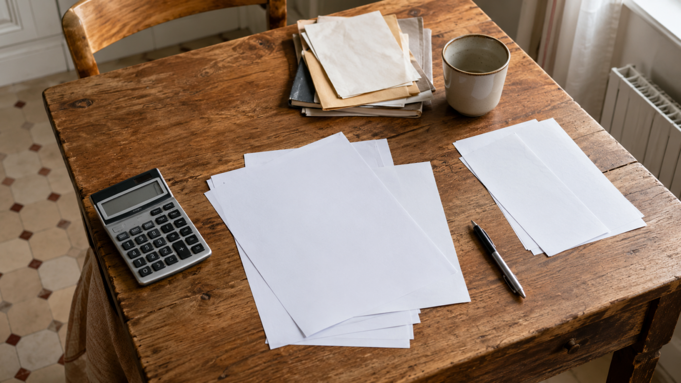 Vue en plongée d'une table de cuisine avec une calculatrice, des feuilles blanches, une tasse et des mains génériques