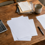 Vue en plongée d'une table de cuisine avec une calculatrice, des feuilles blanches, une tasse et des mains génériques
