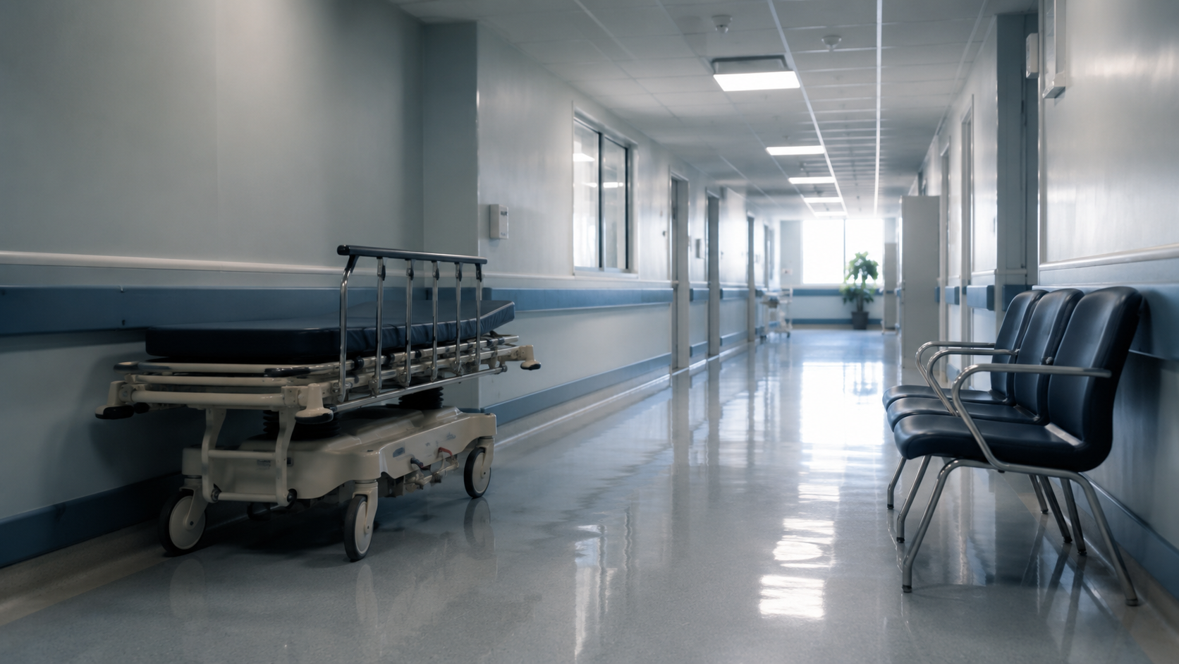 Couloir d'hôpital clair et vide avec un brancard le long du mur et des chaises d'attente inoccupées