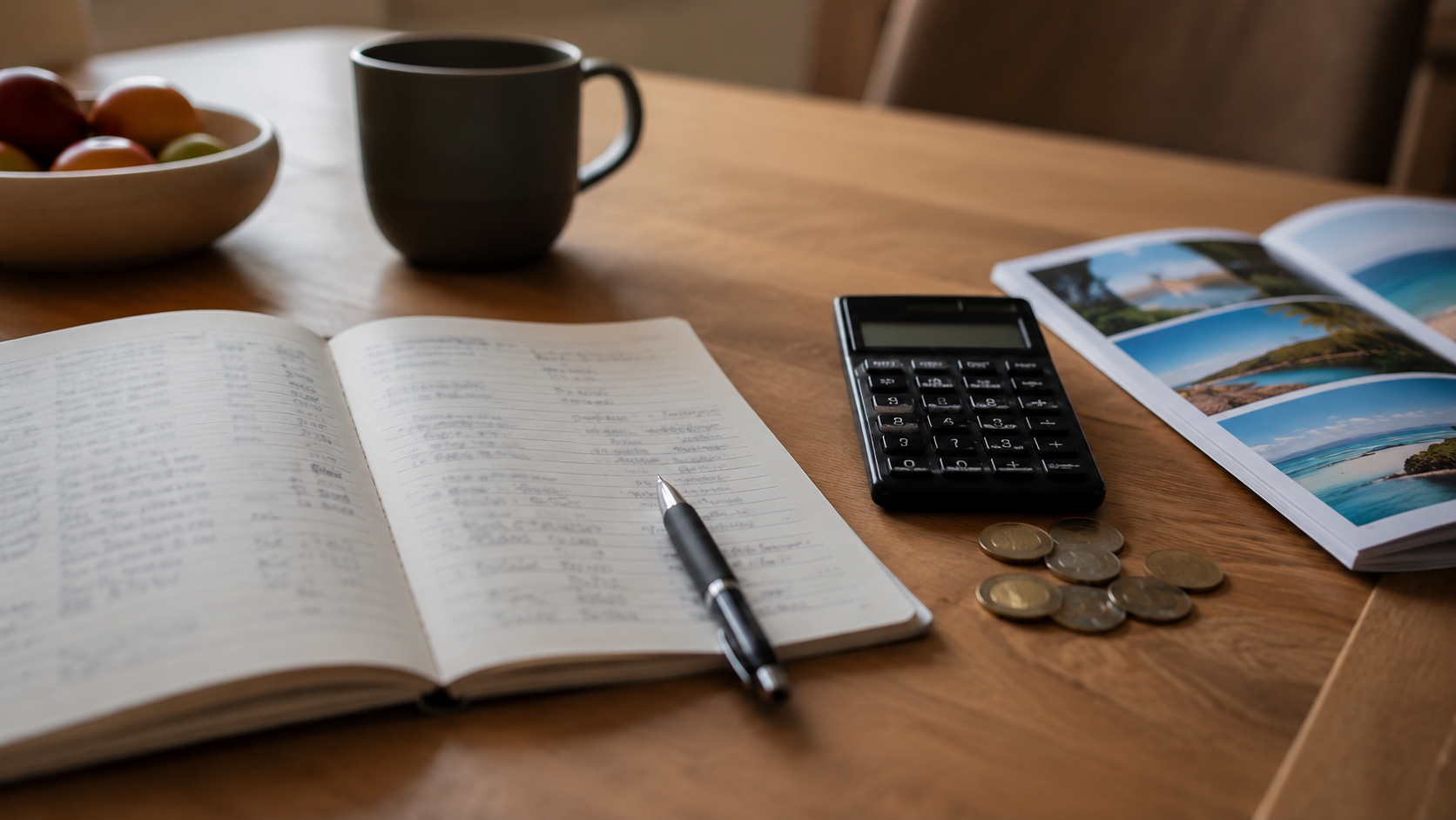 Un carnet de comptes et une calculatrice sur une table de cuisine, un dépliant de vacances au bord