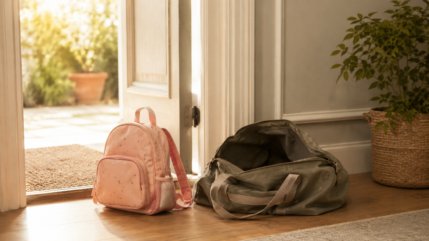 Un petit sac d'enfant prêt près de la porte, un sac d'adulte resté vide sur une chaise