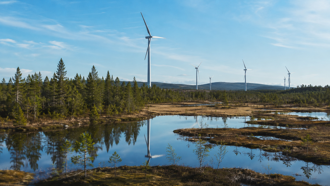 Paysage nordique avec eoliennes au-dessus d'une foret boreale et d'une zone humide, eau immobile