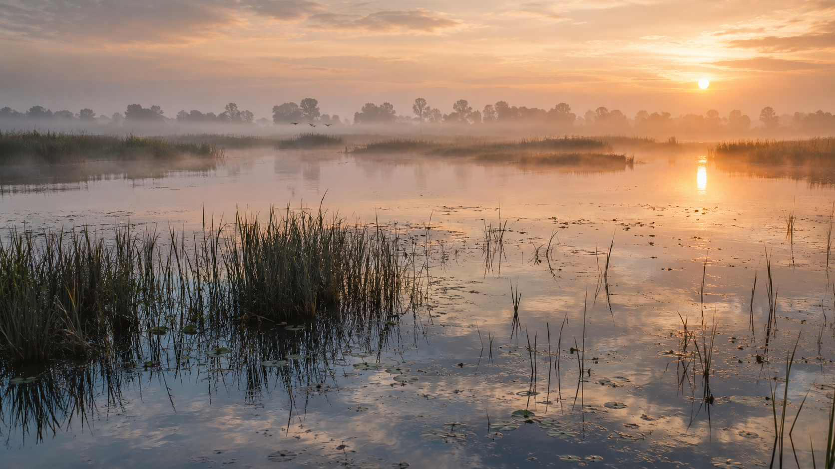 Zone humide protegee avec roseaux et eau libre a l'aube, oiseaux au loin