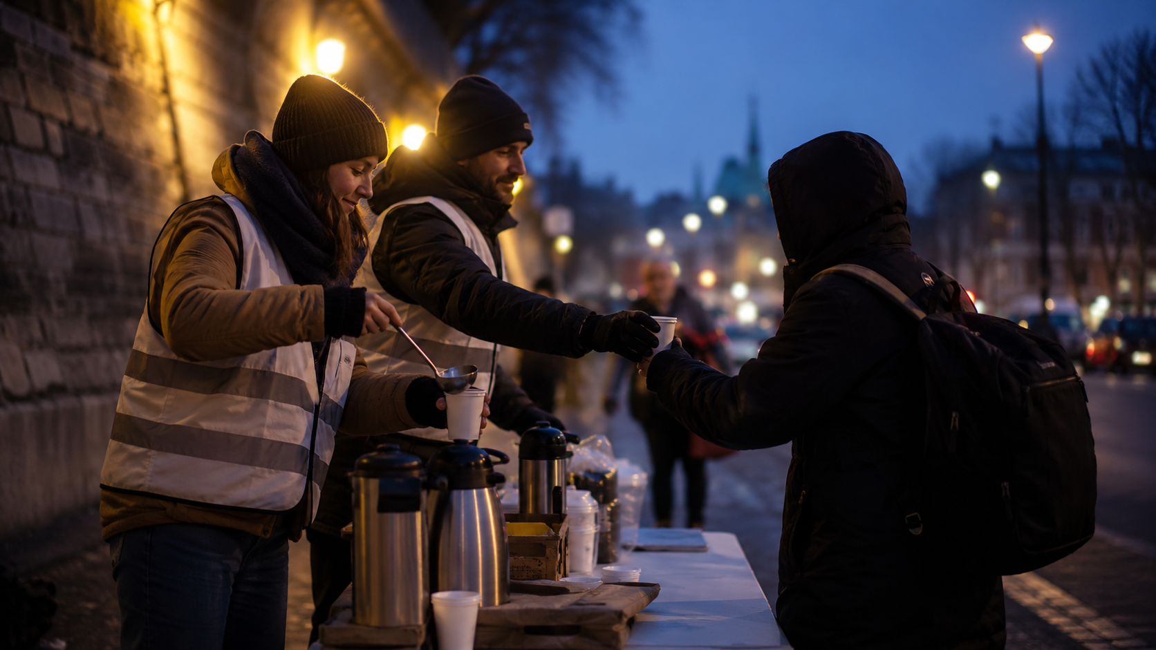 Deux bénévoles distribuent des boissons chaudes lors d'une maraude en soirée