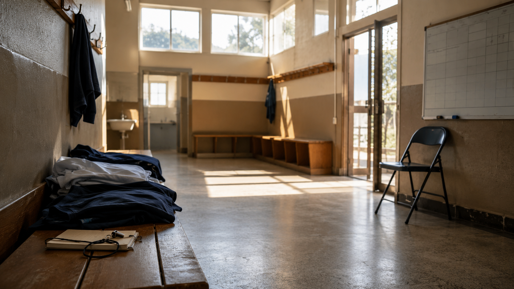 Une salle de club sportif associatif vide, matériel posé sur un banc
