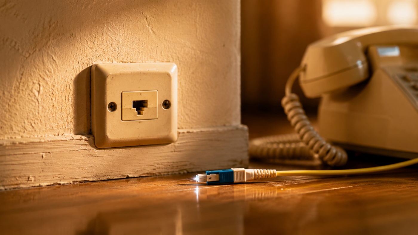 Une vieille prise téléphonique en T avec un téléphone à fil, un câble fibre optique posé à côté