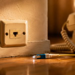 Une vieille prise téléphonique en T avec un téléphone à fil, un câble fibre optique posé à côté