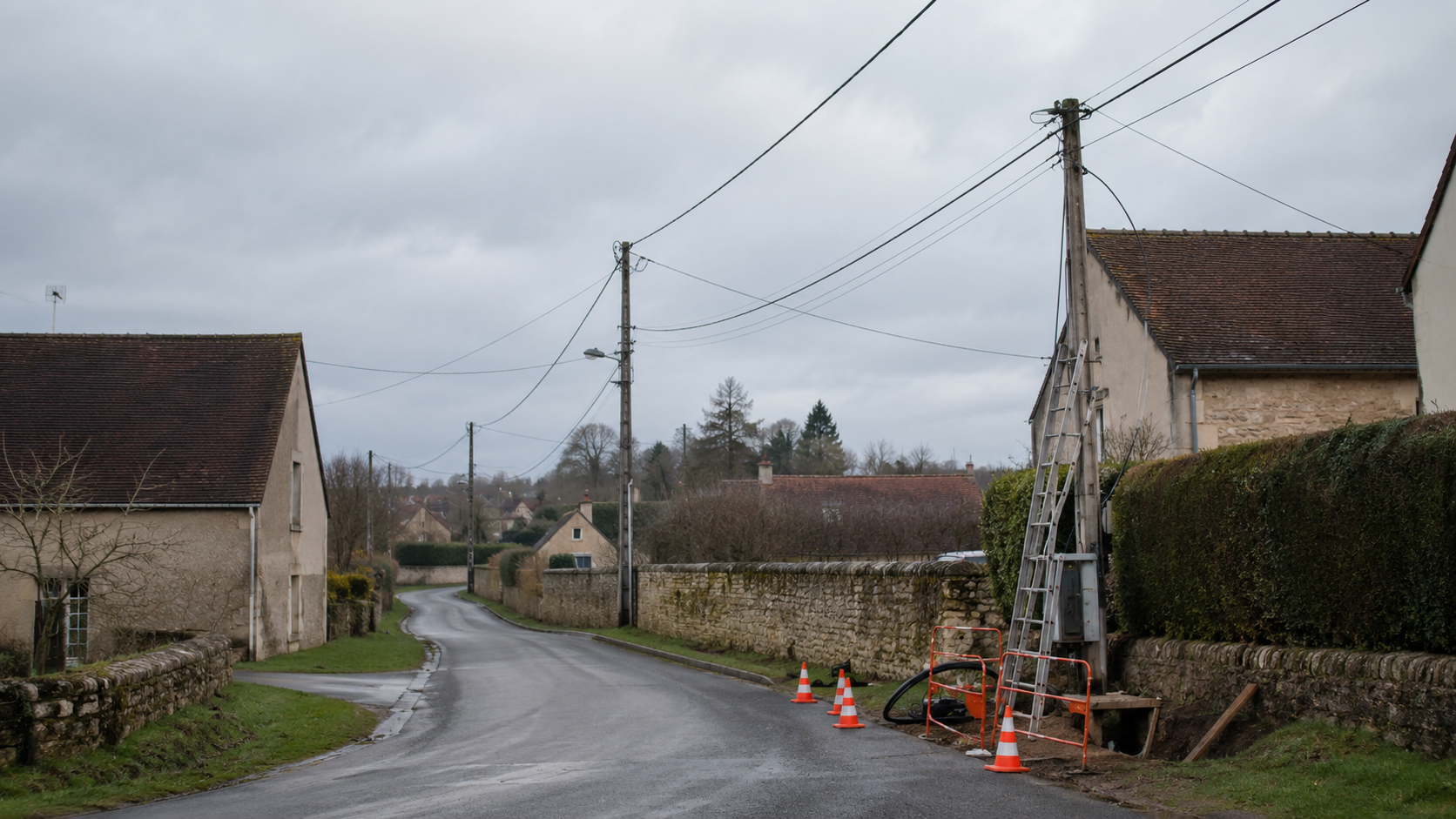 Déploiement de la fibre optique dans une rue de village, poteaux téléphoniques et câbles