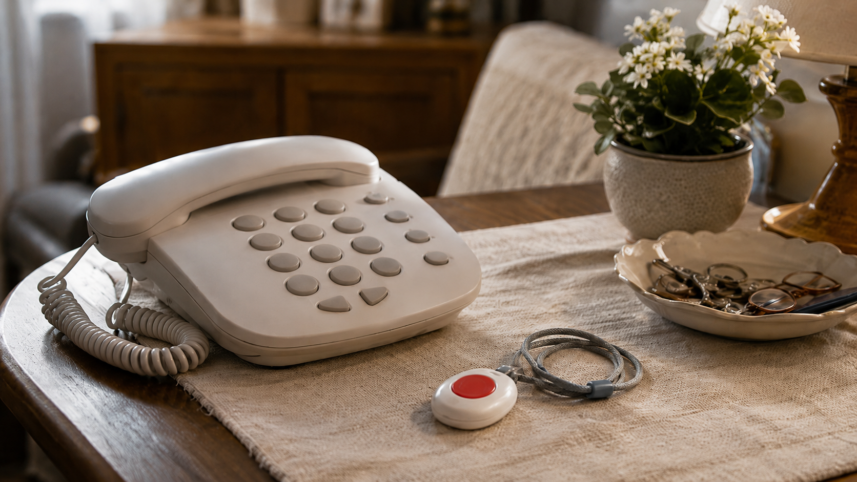 Un téléphone fixe et un médaillon de téléassistance posés sur une table de salon