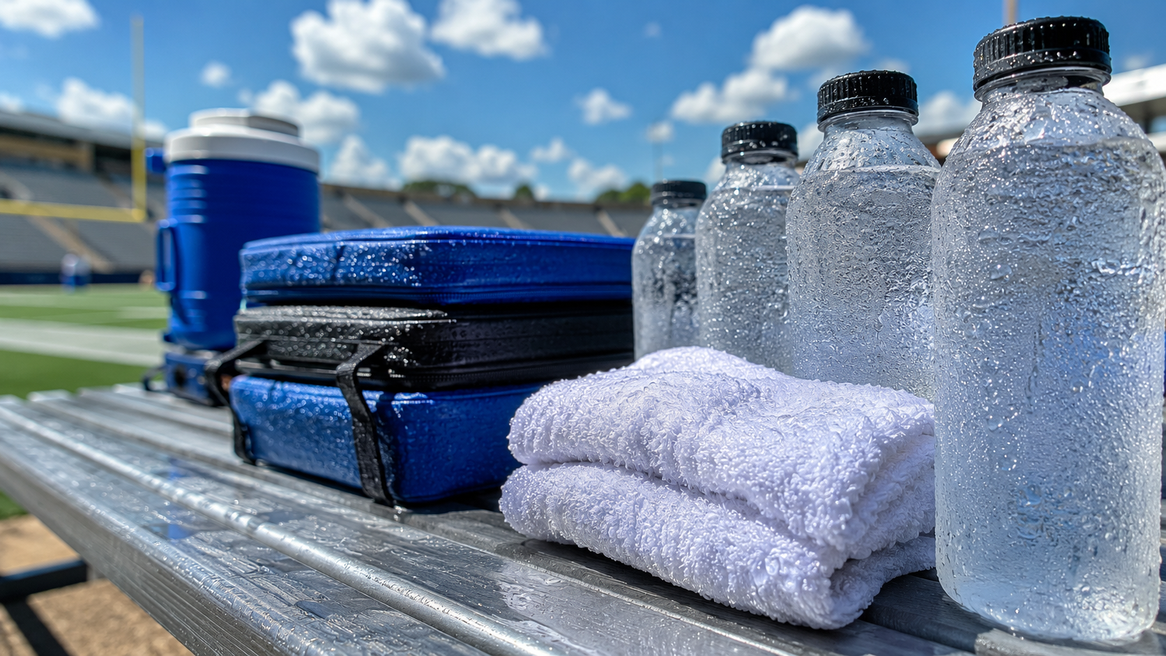 Bouteilles d'eau givrees, poches de glace et serviettes fraiches alignees sur un banc de touche en plein soleil