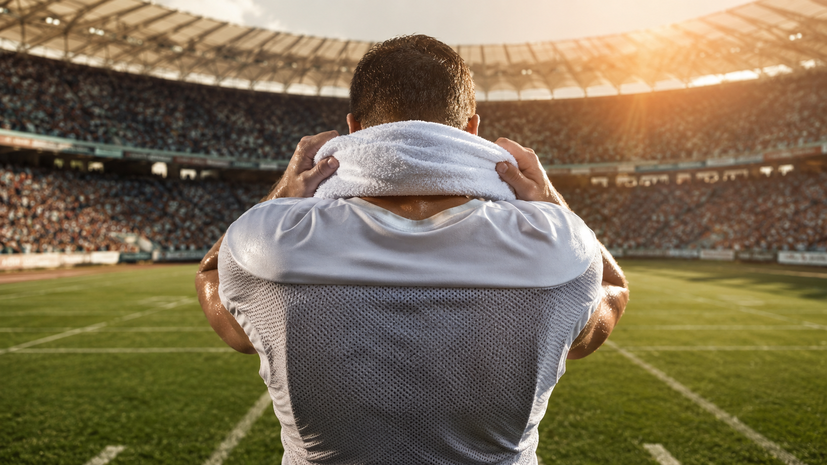 Un footballeur vu de dos applique une serviette froide sur sa nuque pendant une pause fraicheur