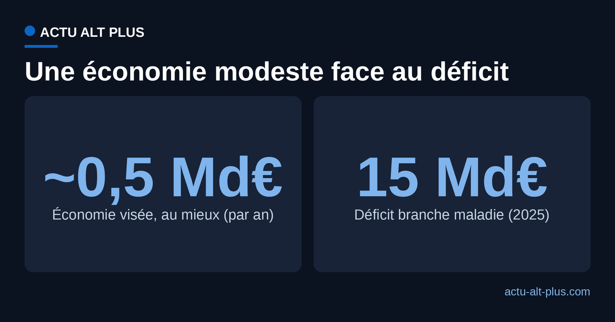 Économie annuelle attendue des franchises, au mieux environ 0,5 milliard d'euros, face au déficit de la branche maladie de 15 milliards d'euros.