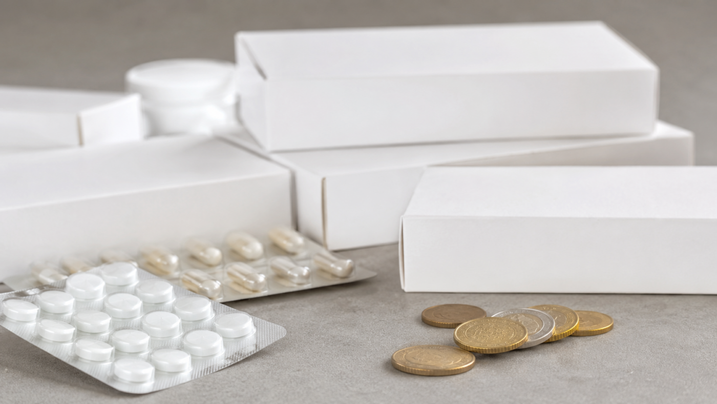 Boites de medicaments blanches anonymes et plaquettes pres d'une petite pile de pieces d'euro