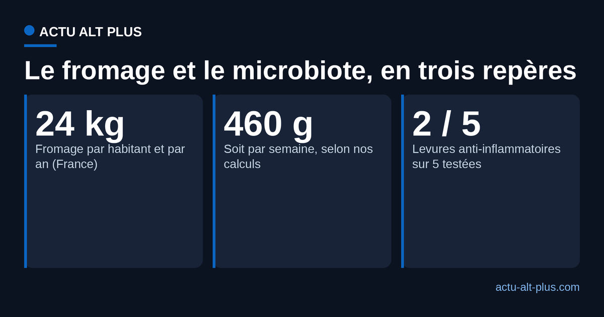 Repères : 24 kg de fromage par habitant et par an en France, environ 460 g par semaine, et 2 levures anti-inflammatoires sur 5 testées.