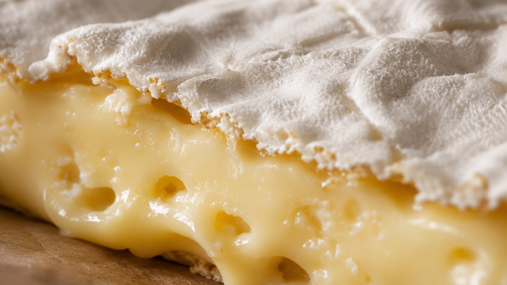 Gros plan macro sur la croute blanche fleurie et la pate cremeuse d'un fromage de type brie