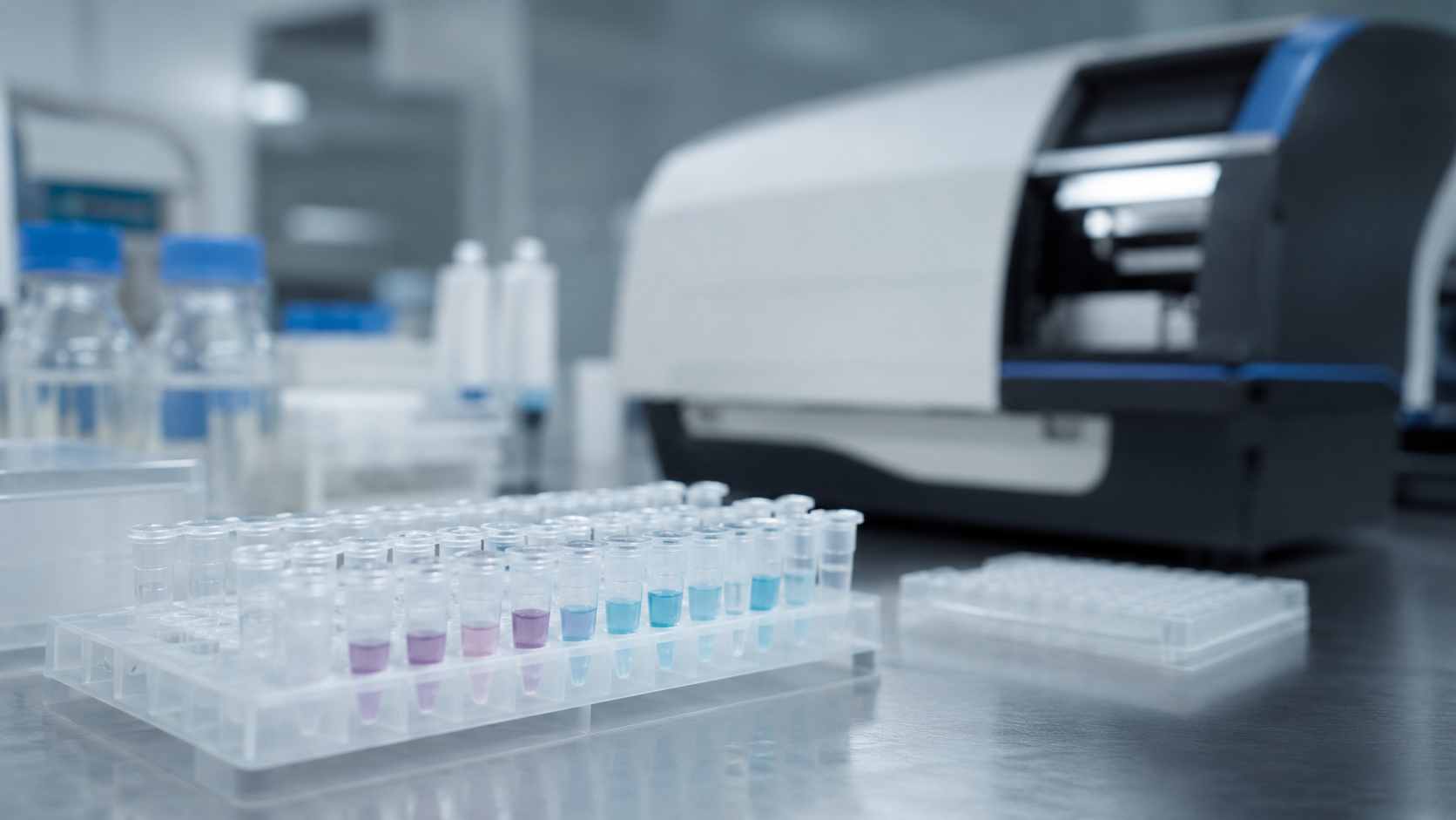 Une paillasse de laboratoire avec un portoir de tubes d'échantillons et un séquenceur en arrière-plan