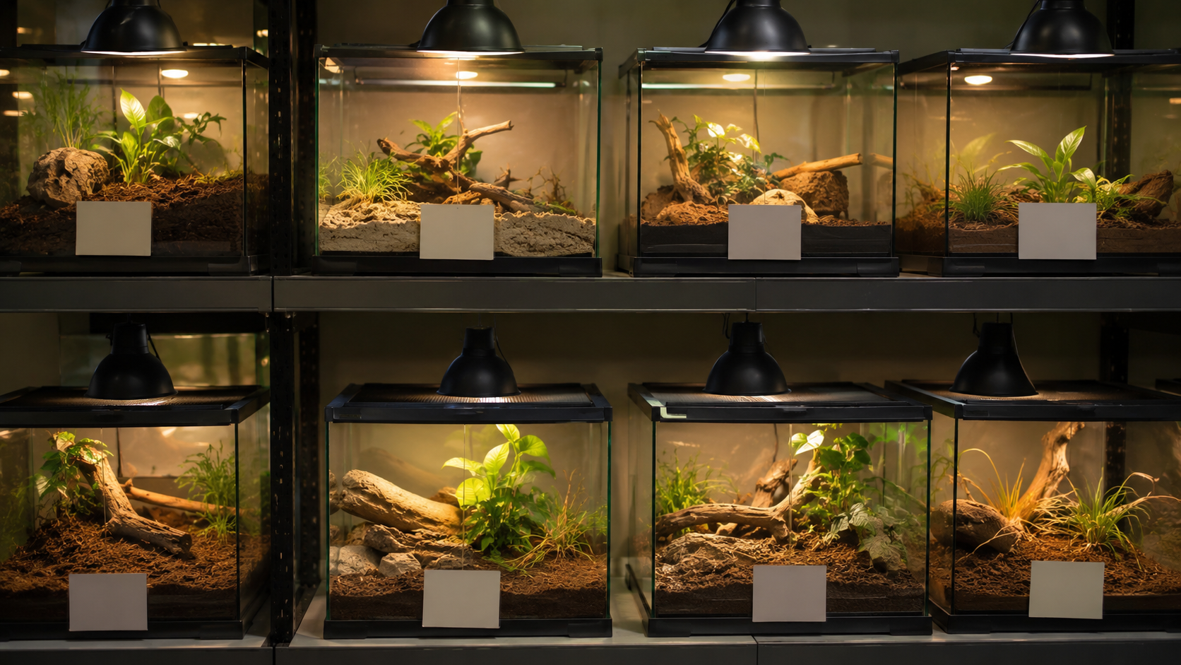 Une rangée de terrariums en verre sur des étagères d'animalerie, éclairés par des lampes chauffantes