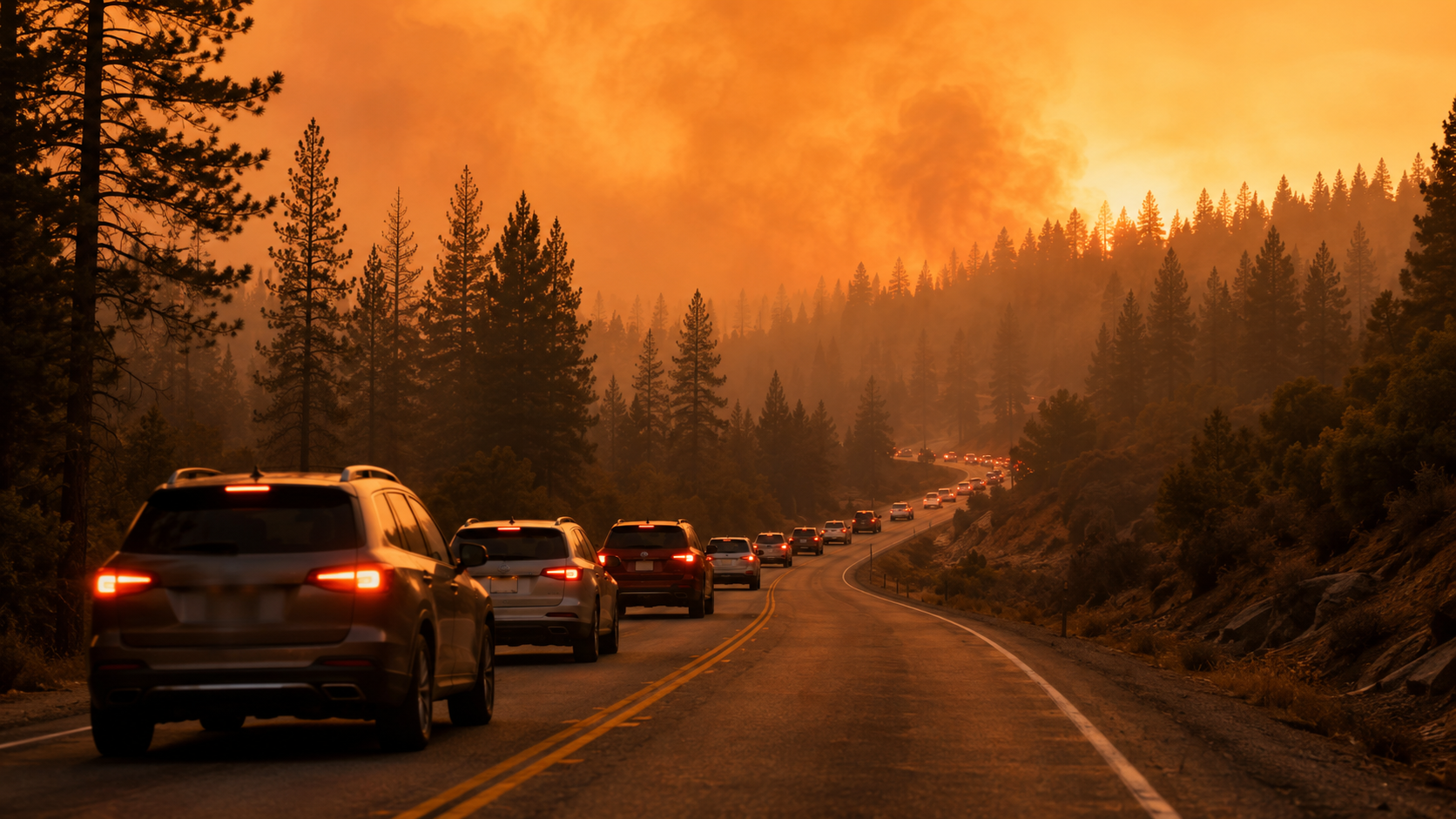 File de voitures quittant une route de pinède au crépuscule sous un ciel ocre chargé de fumée