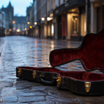 Étui de guitare acoustique ouvert posé sur des pavés mouillés dans une rue commerçante déserte au petit matin