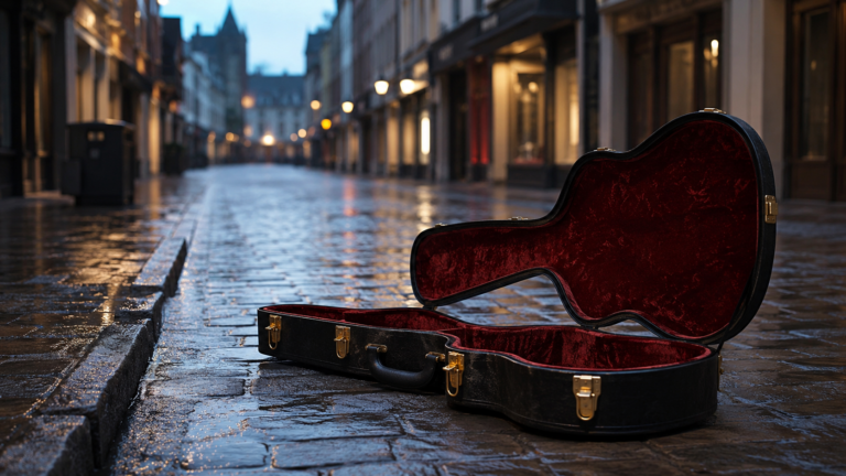 Étui de guitare acoustique ouvert posé sur des pavés mouillés dans une rue commerçante déserte au petit matin