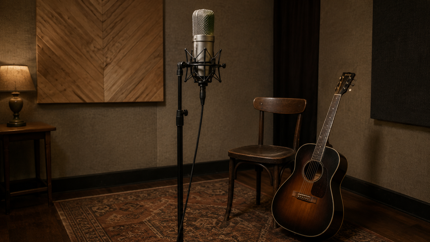 Micro de studio ancien sur pied dans une petite salle d'enregistrement vide, guitare acoustique posée contre une chaise