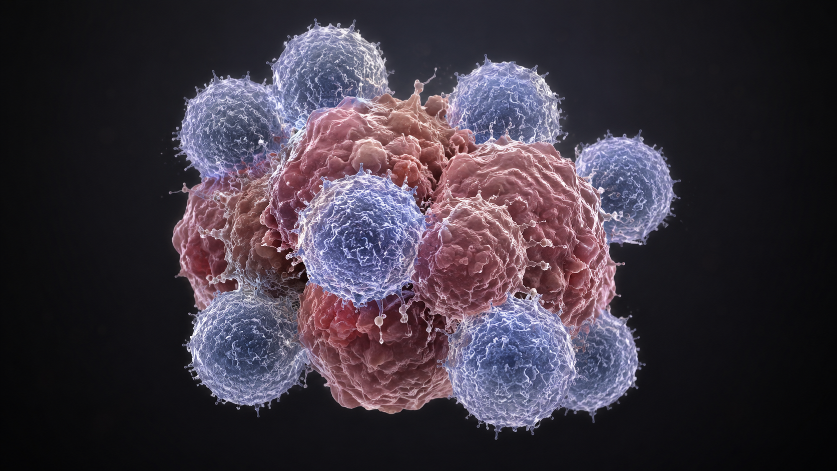 Schéma conceptuel de cellules immunitaires entourant un amas tumoral sur fond sombre