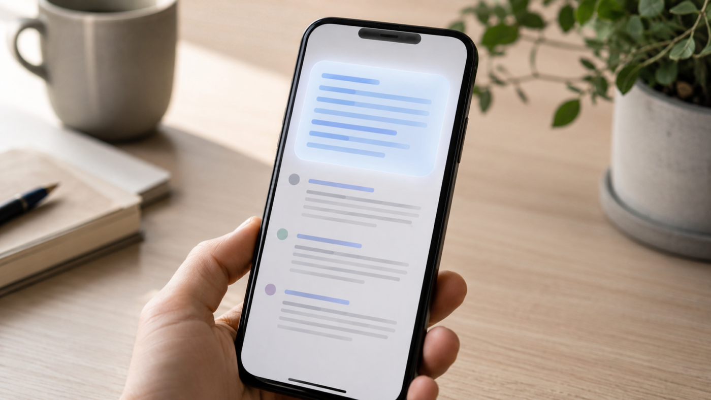 Smartphone affichant une page de resultats generique ou un bloc de synthese abstrait coiffe des lignes de liens attenuees