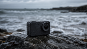 Une petite caméra d'action noire posée sur un rocher mouillé au bord de la mer, sous une lumière grise