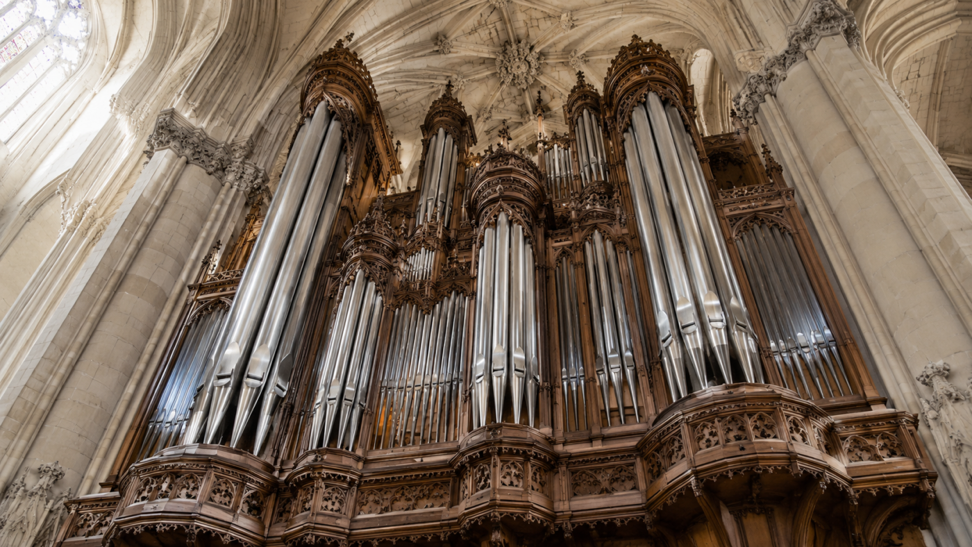 Grand orgue de cathédrale vu en contre-plongée, tuyaux métalliques s'élevant vers les voûtes de pierre