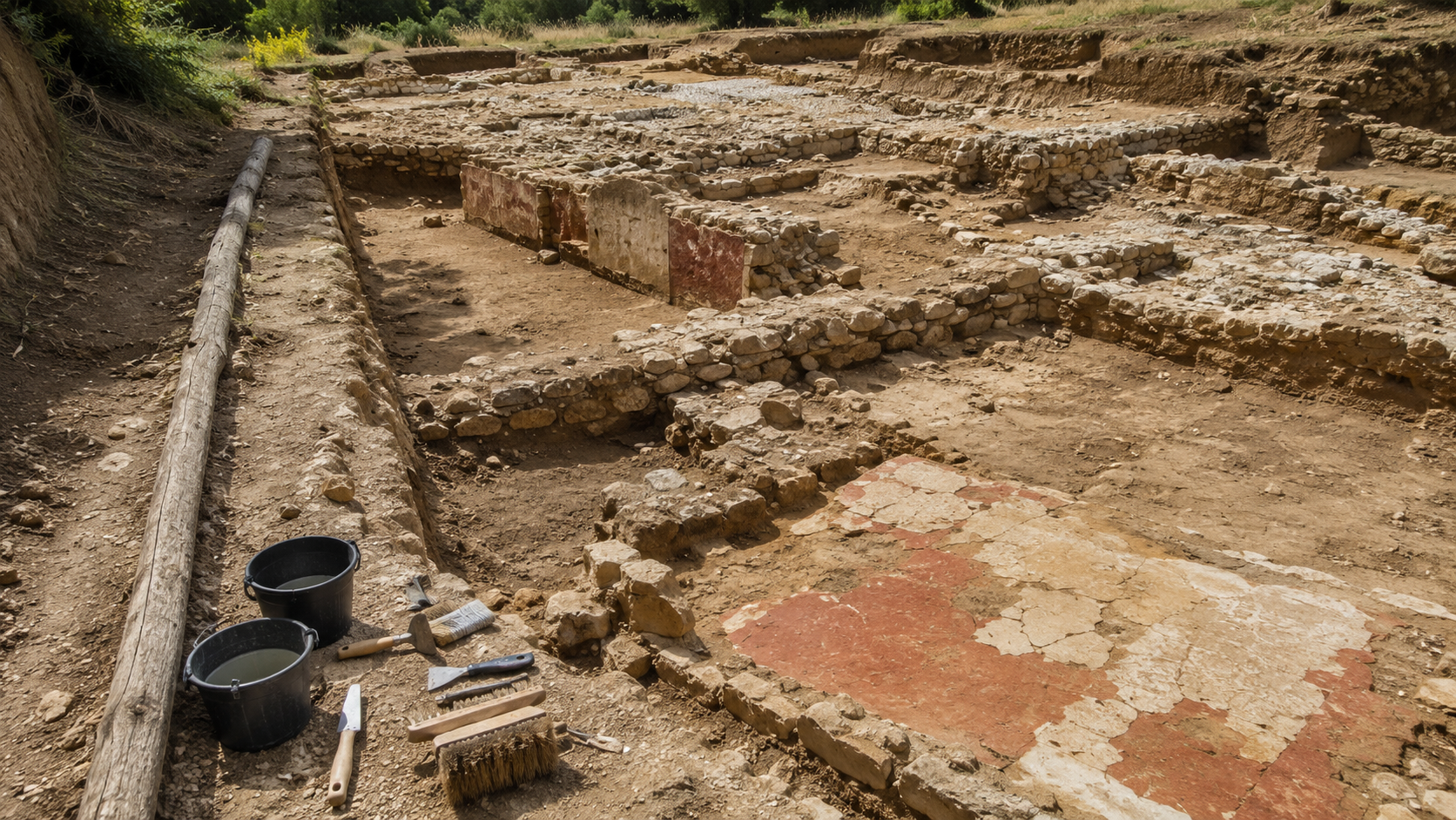 Tranchée de fouille d'un petit bâtiment gallo-romain, fondations de pierre et enduit peint dégagés dans la terre ocre, outils posés au bord