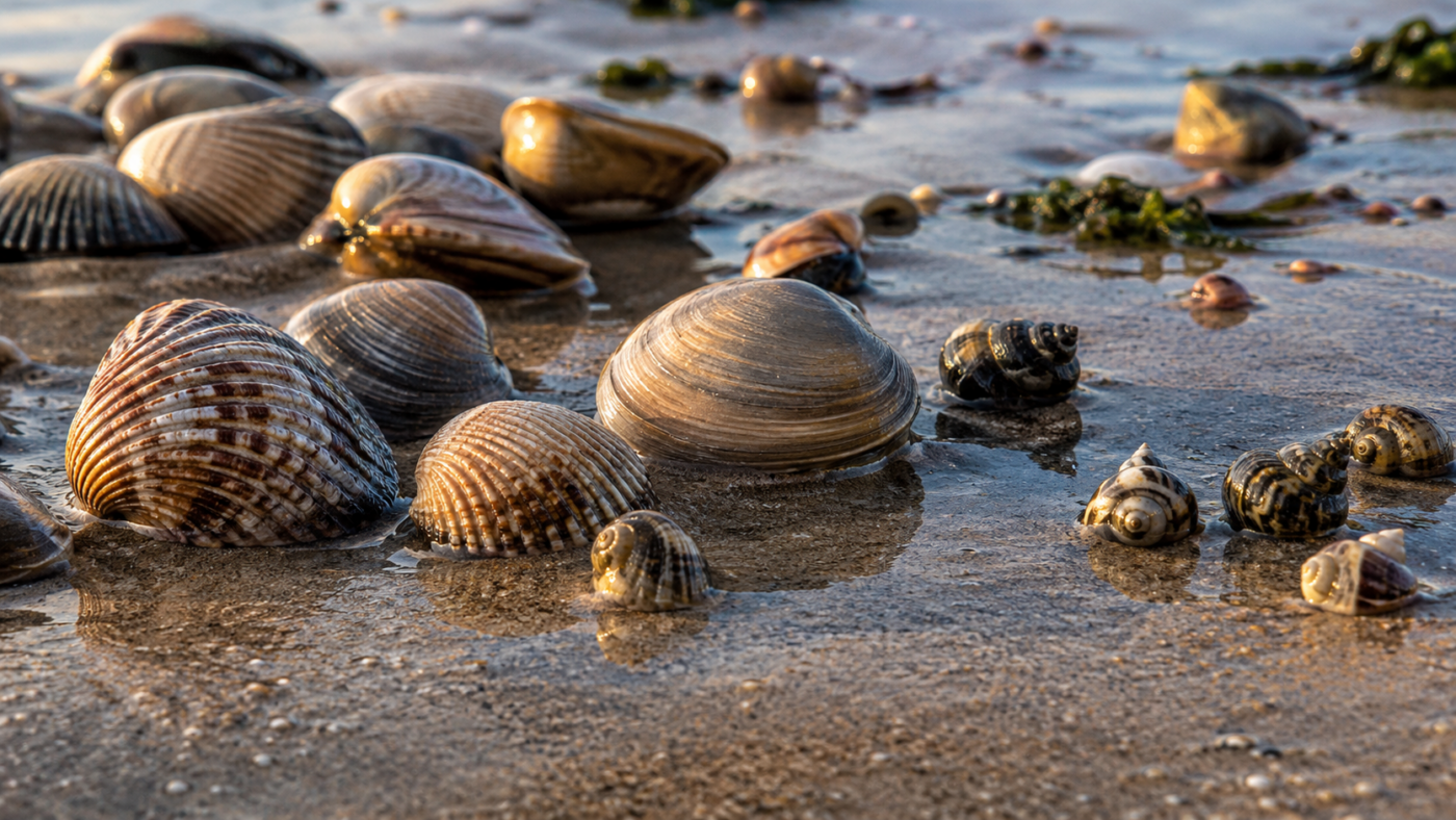 Coquillages de coque et de palourde sur du sable humide