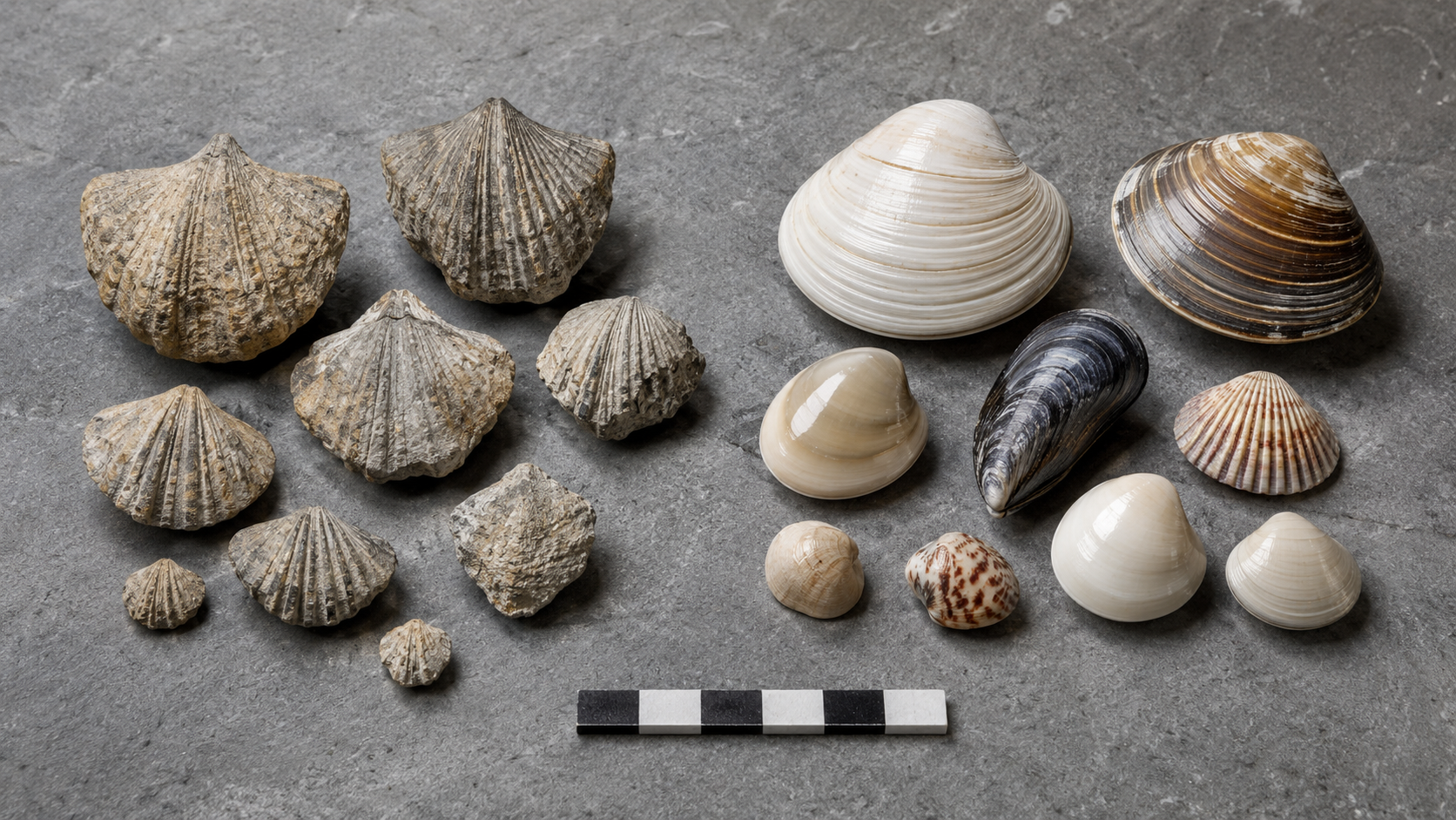 Brachiopodes fossiles alignés à côté de coquillages modernes
